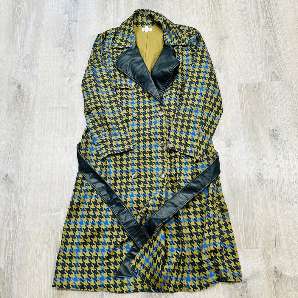 The Drop signedblake Houndstooth Trench Coat Olive Blue Faux Leather Trim M - Picture 14 of 16